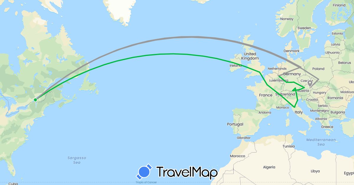 TravelMap itinerary: driving, bus, plane in Austria, Canada, Germany, France, United Kingdom, Italy, Poland (Europe, North America)
